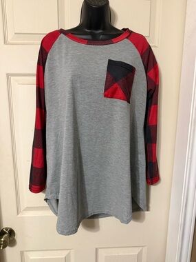 Women's Grey Long-Sleeve Raglan Top with Red Buffalo Plaid Sleeves